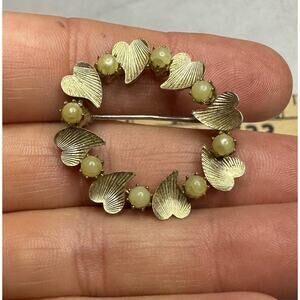 Vintage Heart Wreath With Yellow Beads Brooch / Pin Gold Tone